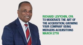 Richard Levychin portrait with an event announcement for March 27th.