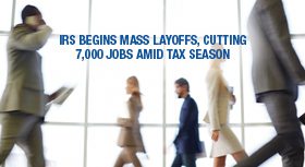 Blurred office workers with a banner about IRS mass layoffs.