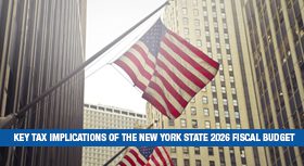 US flag and skyscrapers with a banner about the NY State 2026 budget.