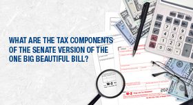 Tax forms, calculator, and money with text about Senate tax components.