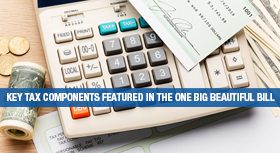 Calculator, money, and check with a banner about key tax components.