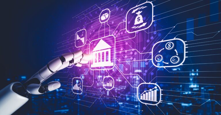 Robotic hand touching a digital financial interface with banking and currency icons.