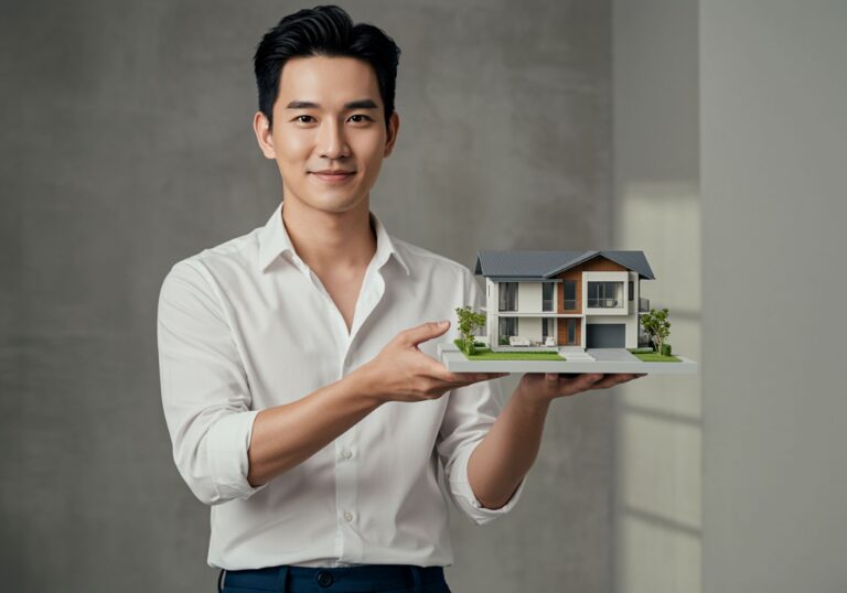 Smiling man holding a miniature model of a modern house.
